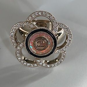 Chanel camellia camelia crystal ring hologram logo center